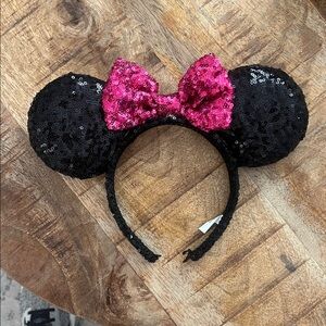 Disney Black Sequin Mouse Ears with Pink Bow